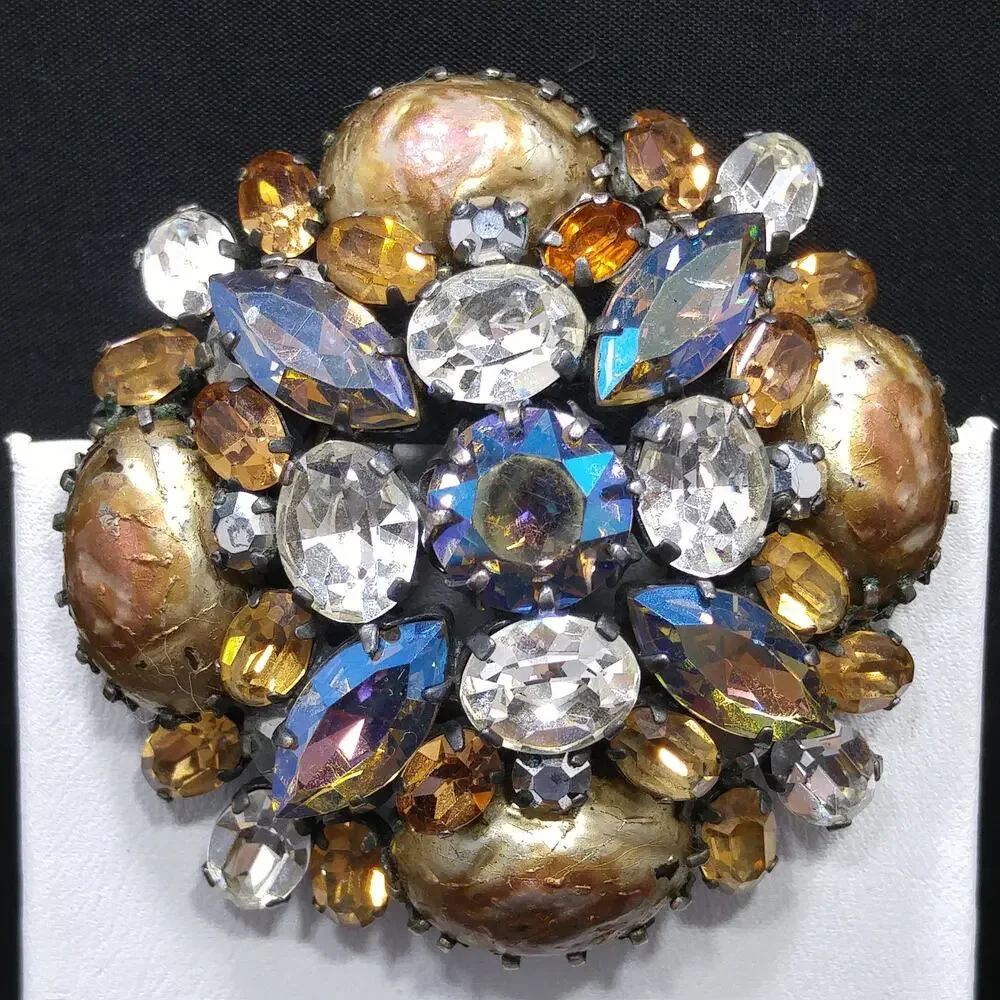 Austrian Brooch, Topaz Clear Rhinestones, Faux Baroque Pearls, 1950s Vintage